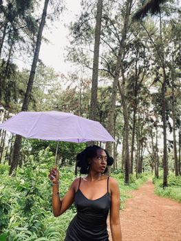 Woman in a black dress holding a purple umbrella in a serene forest setting.
