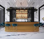 酒吧内部采用优雅的大理石装饰，设有照明货架和豪华的蓝绿色座椅，散发着奢华与时尚的气息