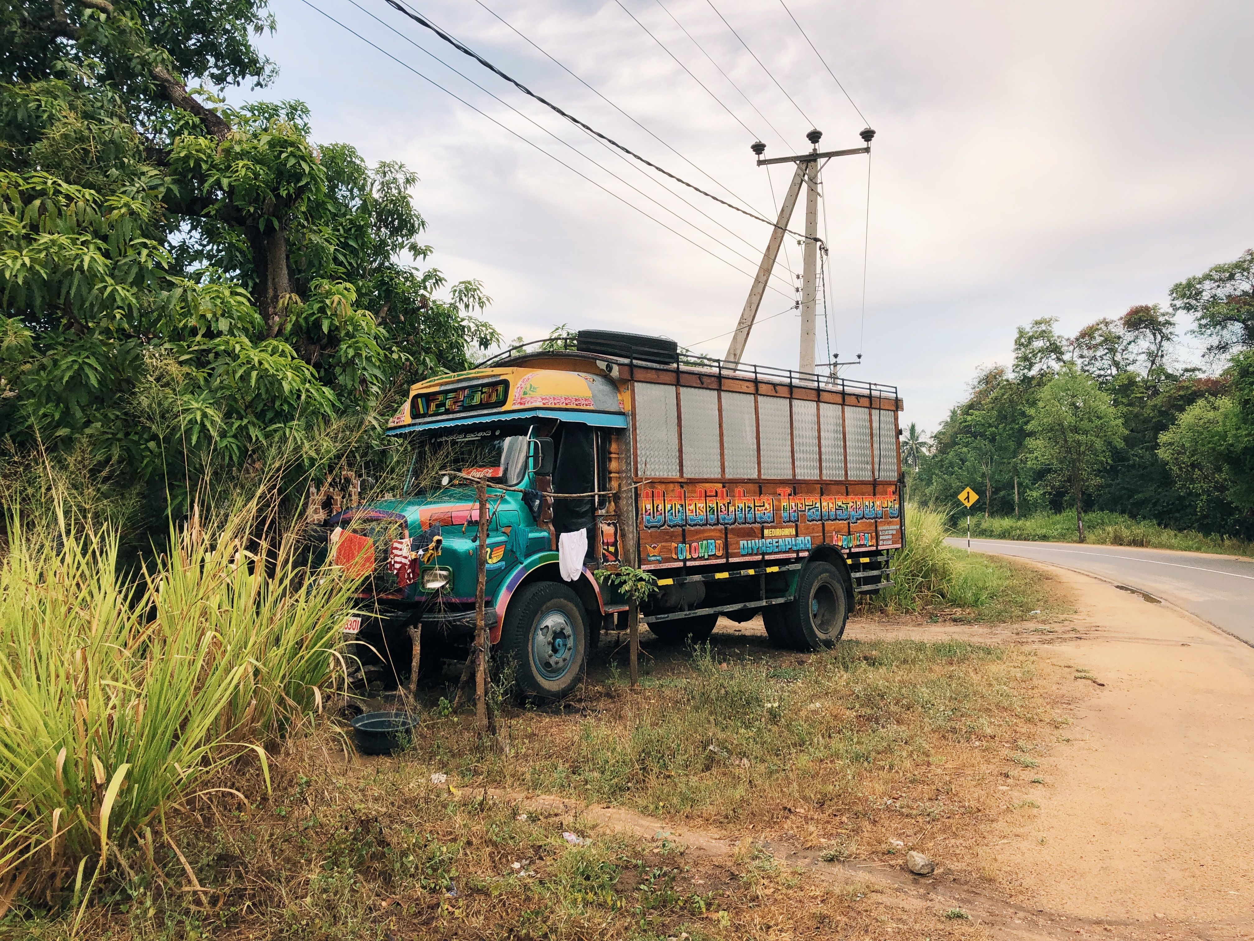 Colourful lorry parked on a rural Sri Lankan roadside
