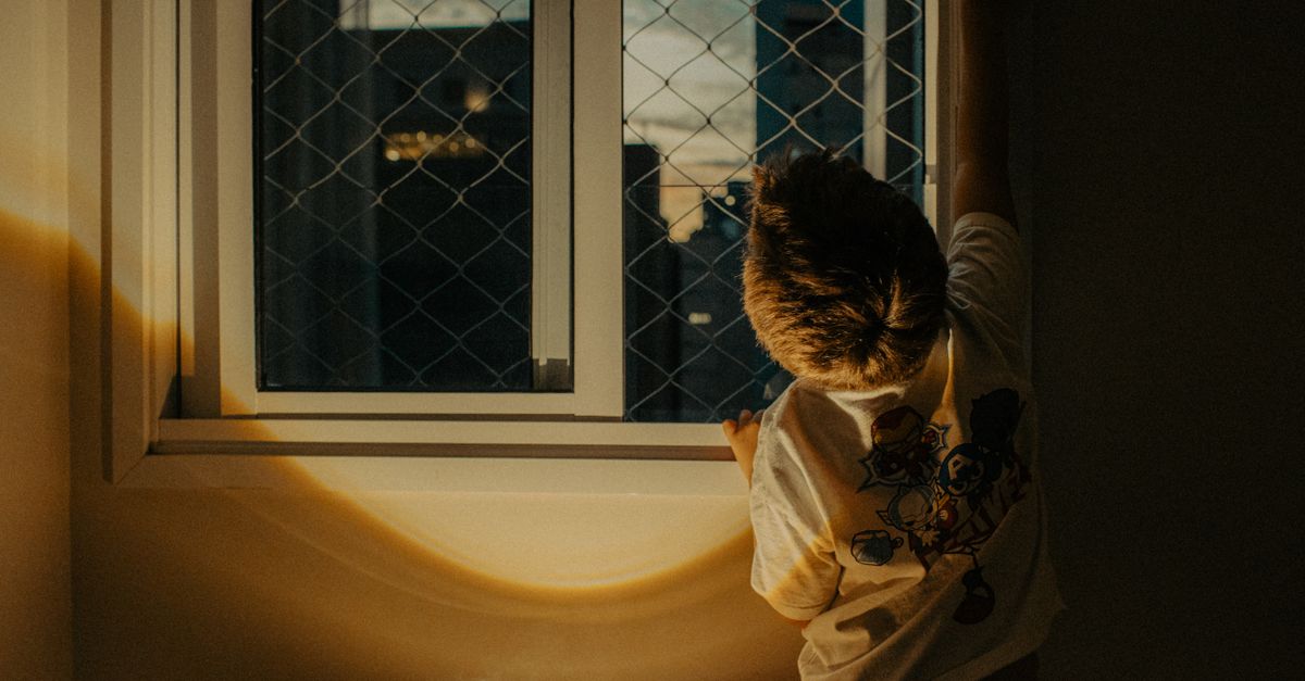A student looking out a window during a midday break, sunlight streaming in