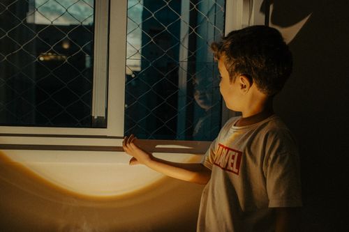 Free A young boy stands by a sunlit window, gazing thoughtfully outside. Stock Photo