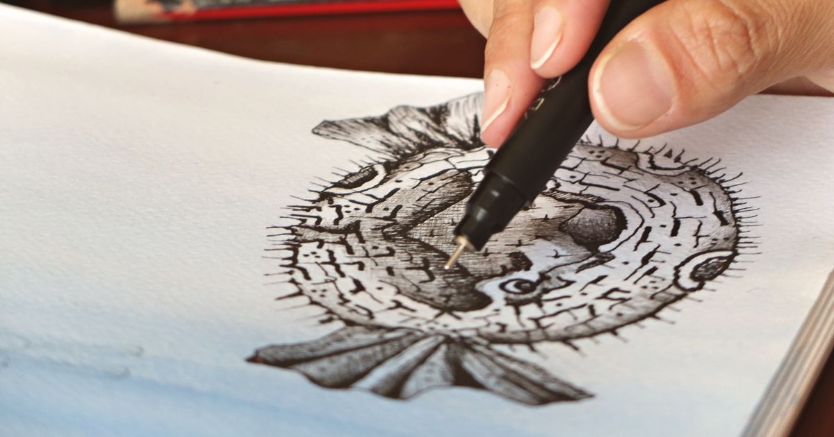 Inking a detailed drawing of a pufferfish with a fine pen
