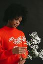 Charming young African American female in bright red sweater holding bunch of Gypsophila flowers on dark background
