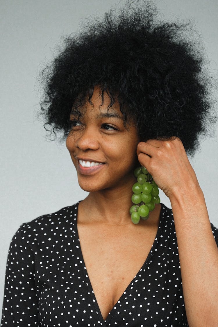 Smiling Woman With Natural Grape As Earring