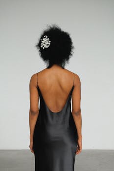 一位时尚的黑人女性身着别致的晚礼服，发型优雅