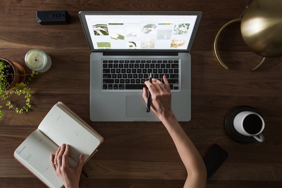 computer, desk, hand