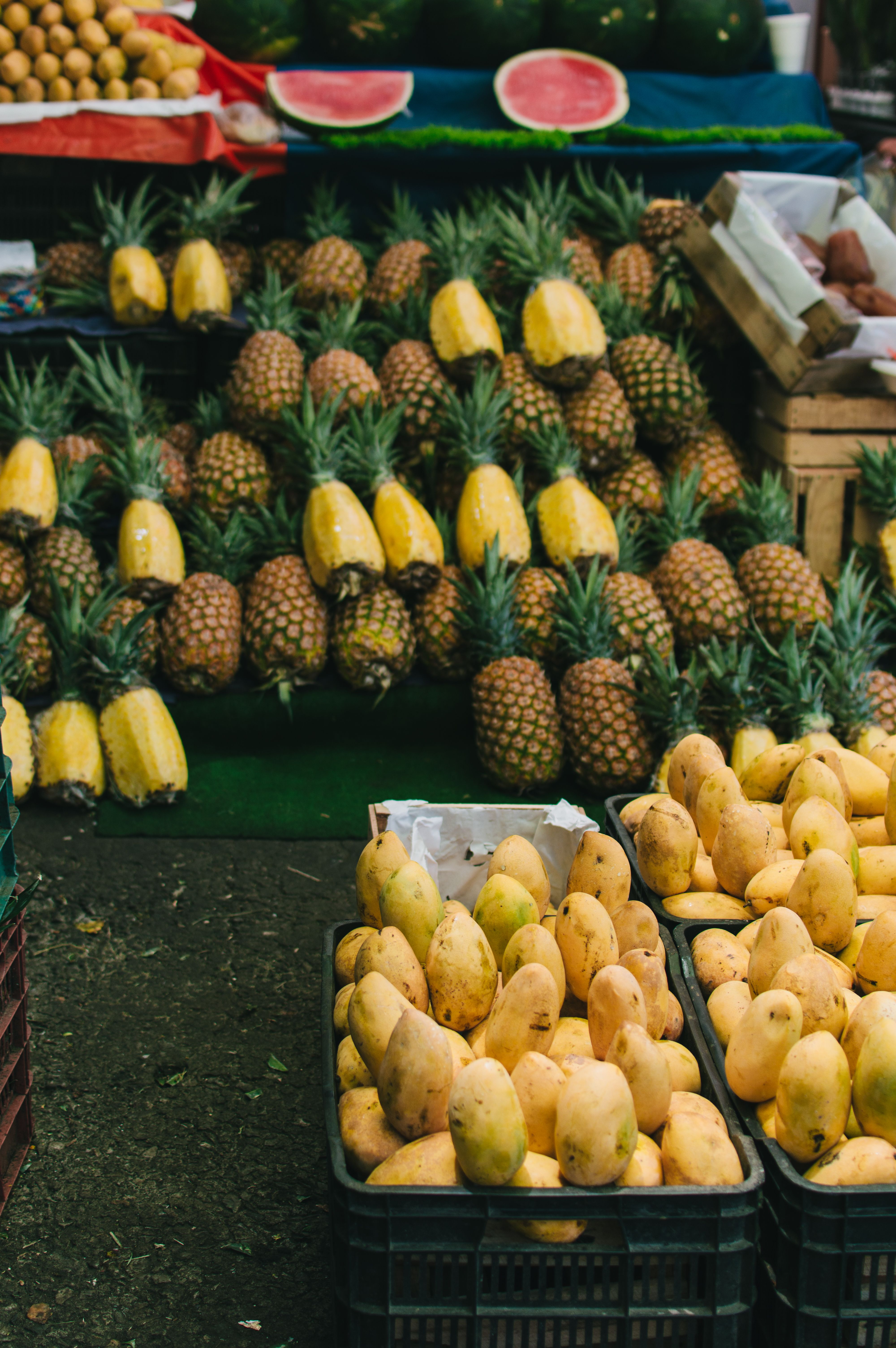 Vibrant display of pineapples and mangos at a market in Mexico City.