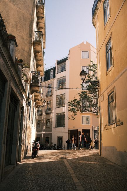 Serene view of a sunlit street in Lisbon, highlighting classic architecture and urban life.