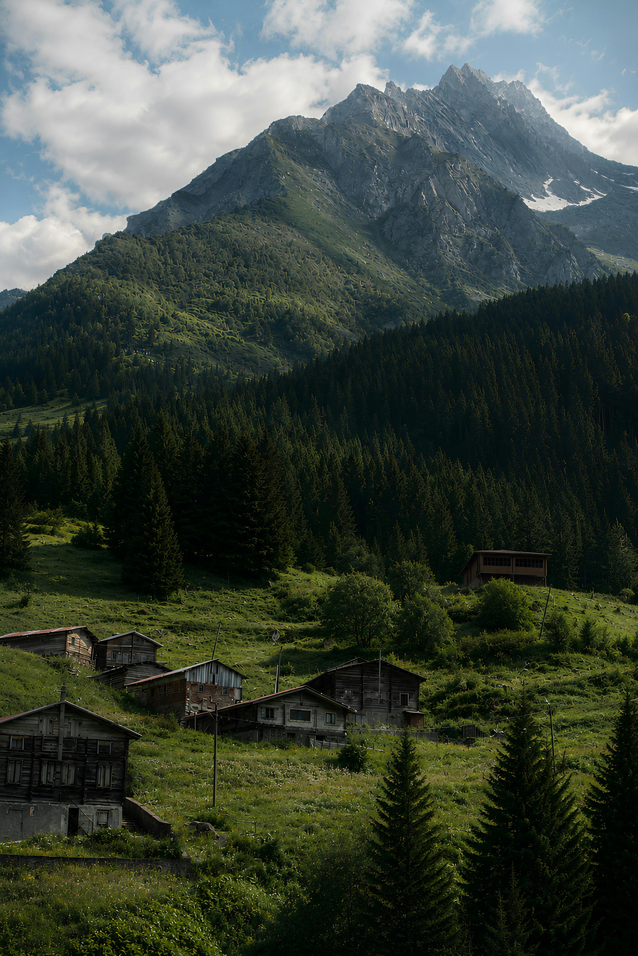 A picturesque view of an alpine village nestled against a majestic mountain under a blue sky.