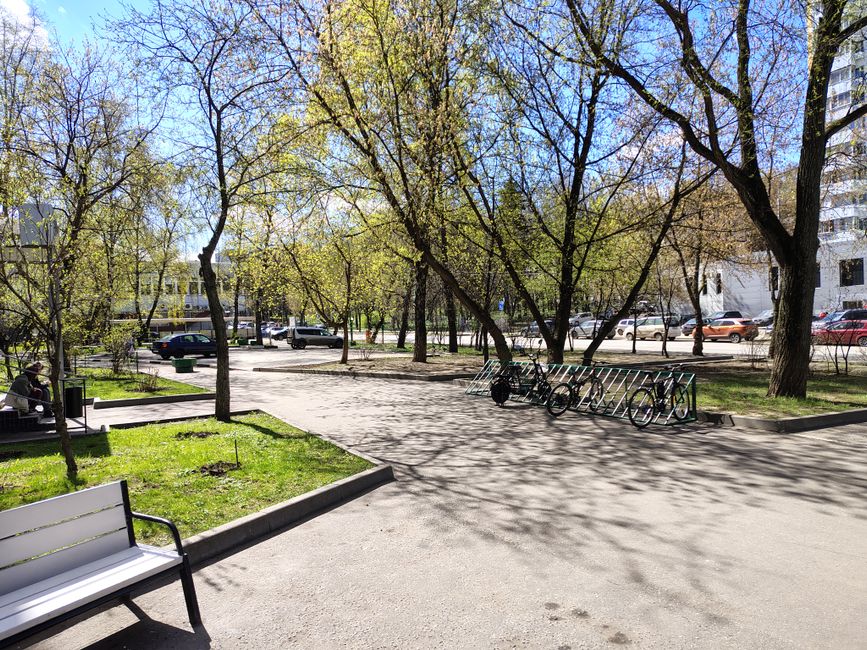 A peaceful urban park scene on a sunny day with benches and bicycle rack.