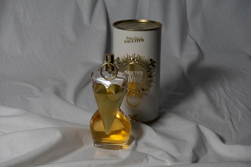 Free Luxurious Jean Paul Gaultier perfume with unique bottle design in a chic presentation. Stock Photo