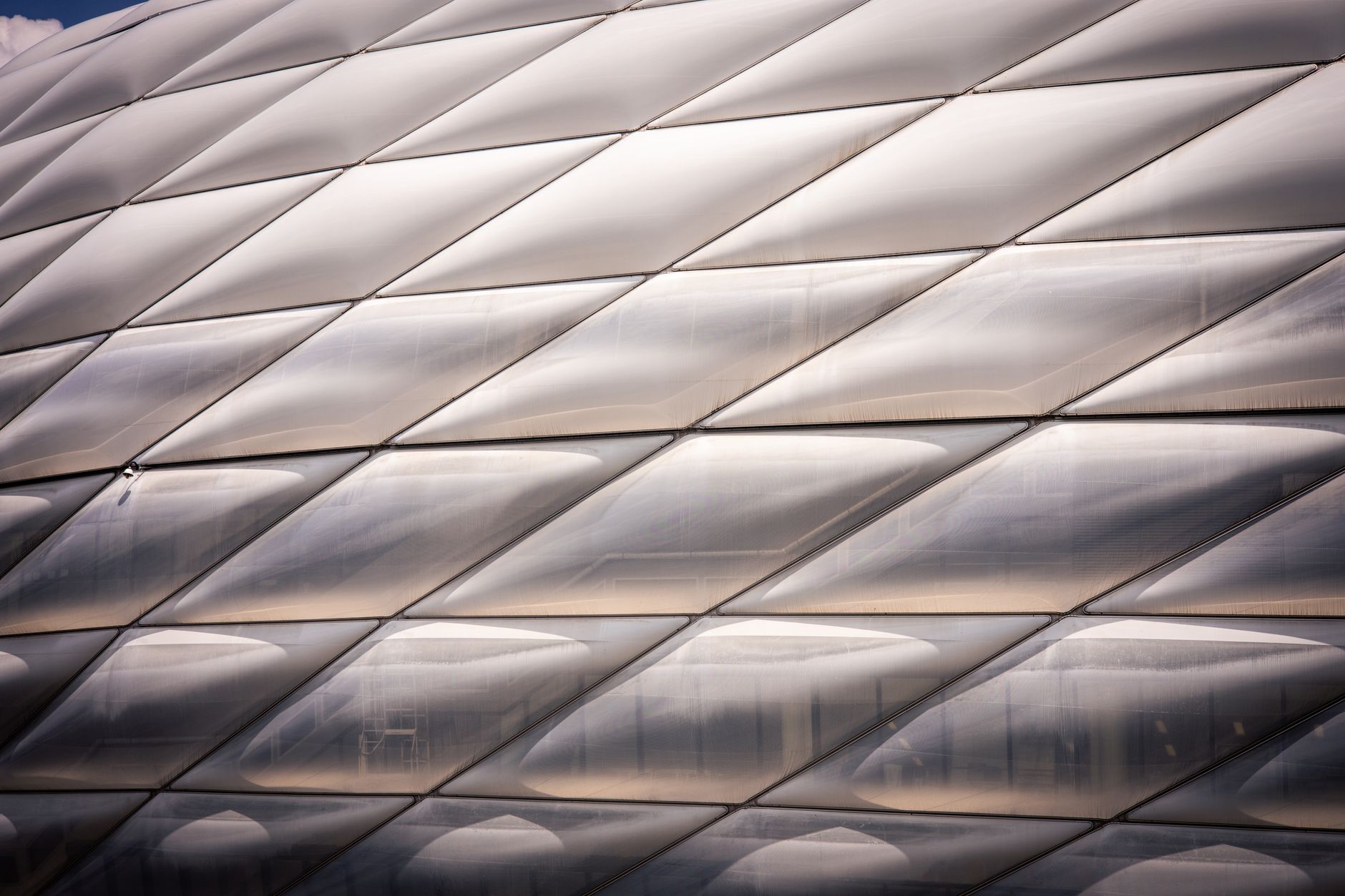 Detailed view of Allianz Arena showing its modern, geometric architectural elements in Munich, Germany.