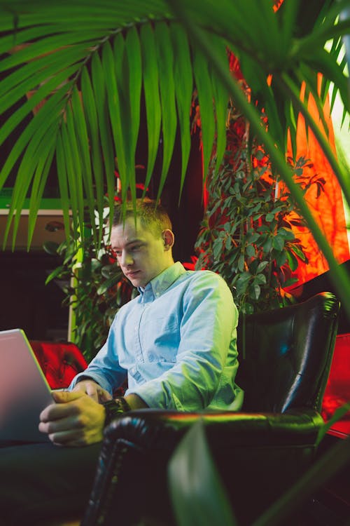 Man in Blue Dress Shirt Sitting on Black Leather Armchair Using Macbook