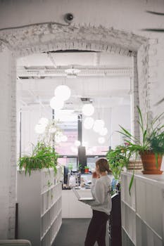 明亮的当代办公空间，配有现代设计元素和室内植物