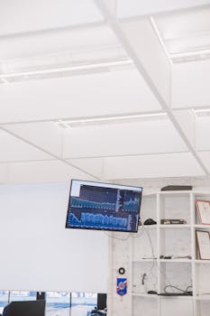 现代办公室配备壁挂式显示器，用于在室内显示数据