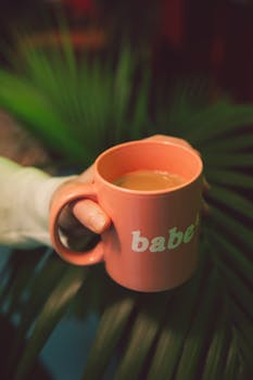 一个人拿着粉色杯子，上面标着“宝贝”，里面装着咖啡，周围是绿叶植物
