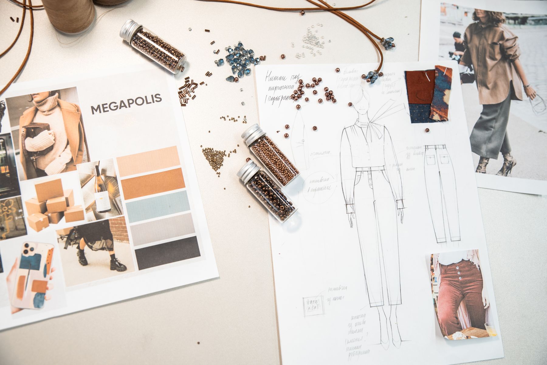 Fashion sketches, colour palette, beads and fabric inspiration