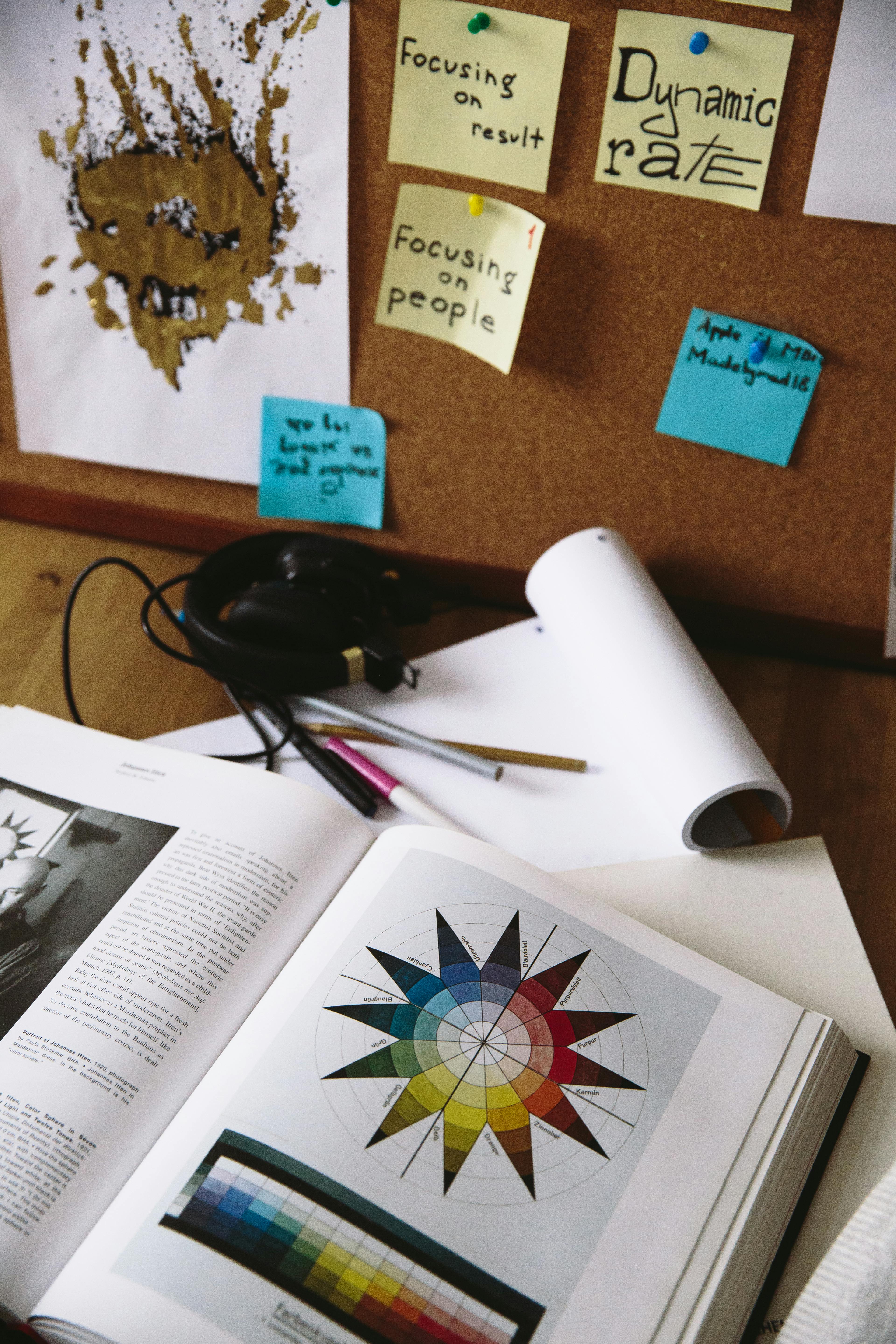 A desk featuring a color theory book and idea notes, perfect for creative inspiration and design planning.