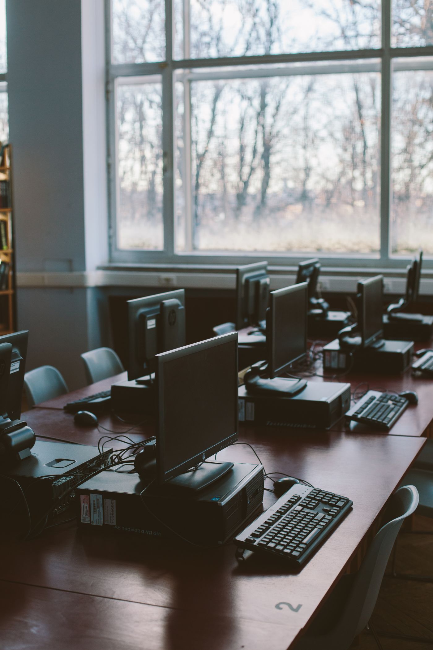 Rows of desktop computers in a bright computer lab