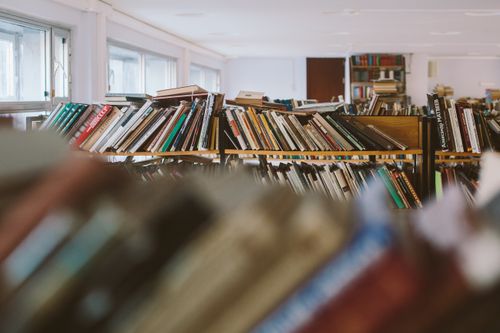 Free A tranquil library setting with an array of books on slightly tilted shelves. Stock Photo