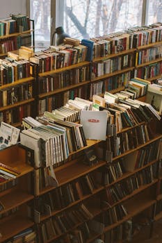 一个温暖的看法，图书馆里舒适地摆满了一排排书架和各种书籍