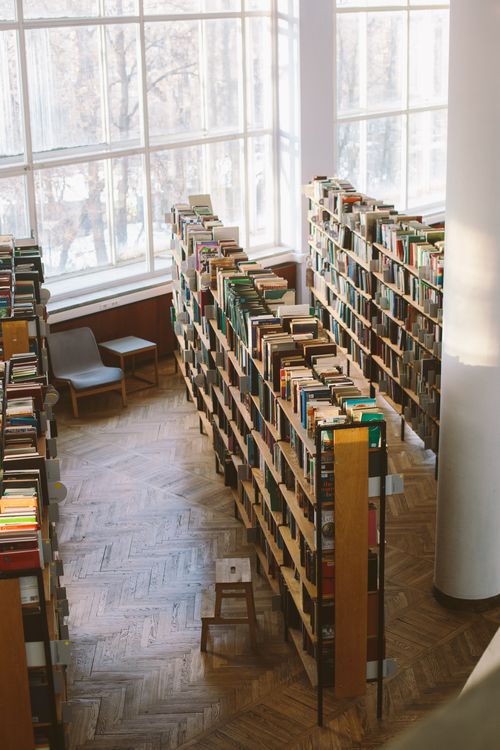 Free Bright library view with wooden shelves filled with books, perfect for study and research. Stock Photo