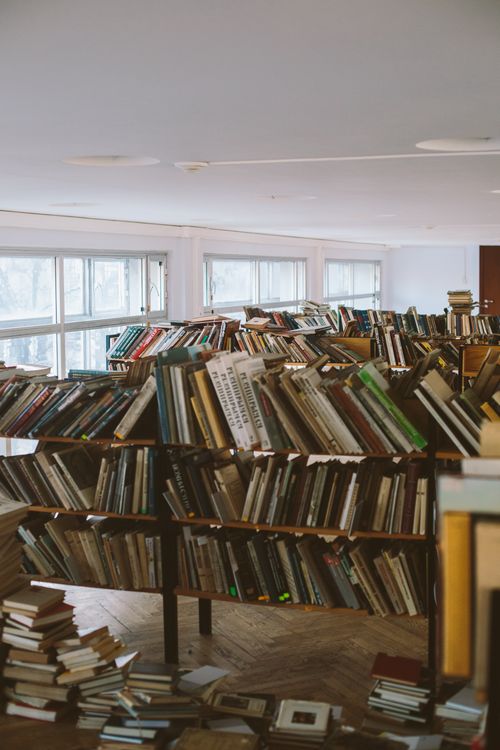 Free A sunlit library with bookshelves filled with a variety of books. Stock Photo