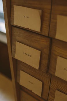 老式木制借书卡目录抽屉的特写，上面带有纸质标签