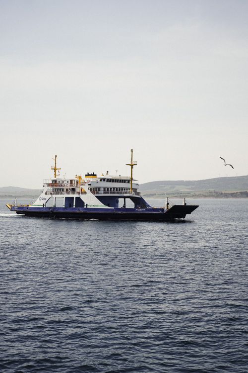 Free A large blue and white ferry navigates calm waters, under an open sky, with distant land visible on the horizon. Stock Photo
