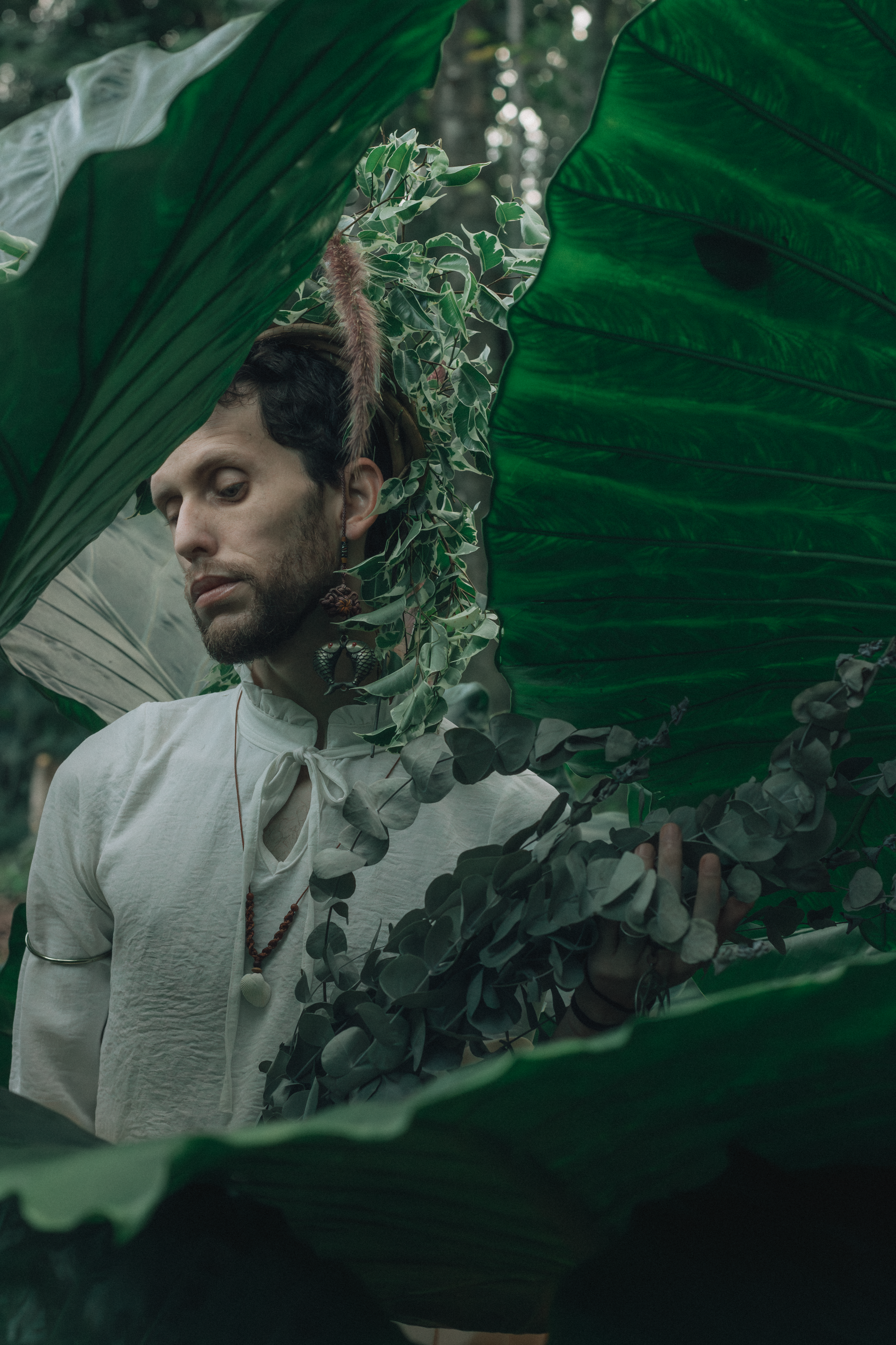 Man surrounded by lush greenery, partially hidden by large leaves.