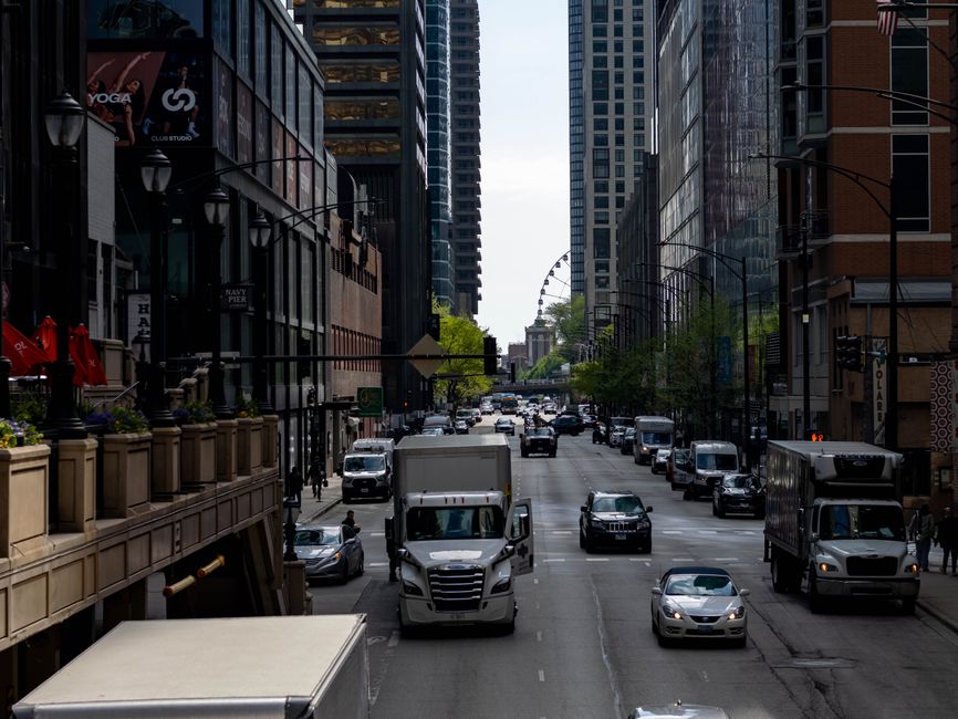 Moving truck navigating Chicago city streets Moving truck navigating Chicago city streets
