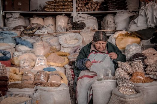 An elderly woman surrounded by bags of assorted grains in a traditional market setting.