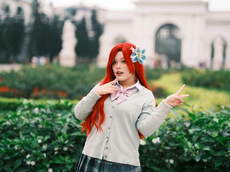 Captivating portrait of a cosplayer in Việt Nam, showcasing vibrant colors and anime inspiration.