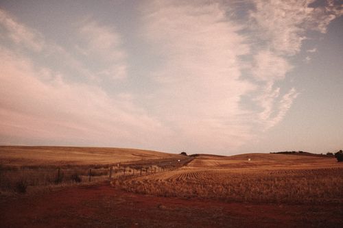 Free Capture of a serene sunset over an expansive, empty field with a warm, earthy tone. Stock Photo
