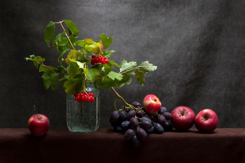 Free Classic still life featuring apples, grapes, and a vase with green leaves, exuding a rustic charm. Stock Photo