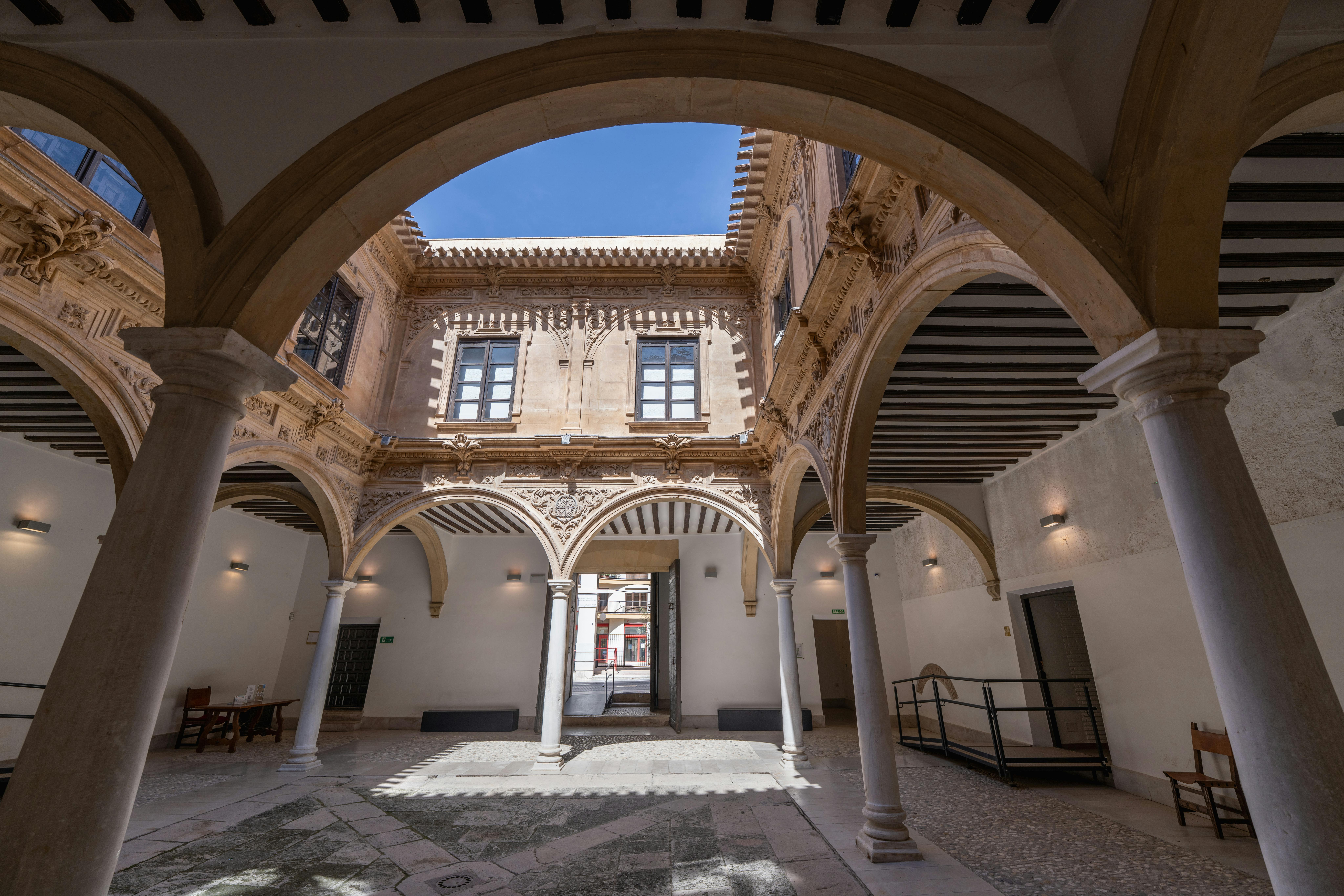 Beautiful historic courtyard with arches and classical architecture in Lorca, Murcia, Spain.