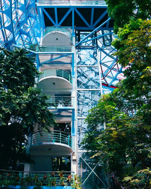 Free View of a glass elevator surrounded by greenery in Taipei, Taiwan. Stock Photo