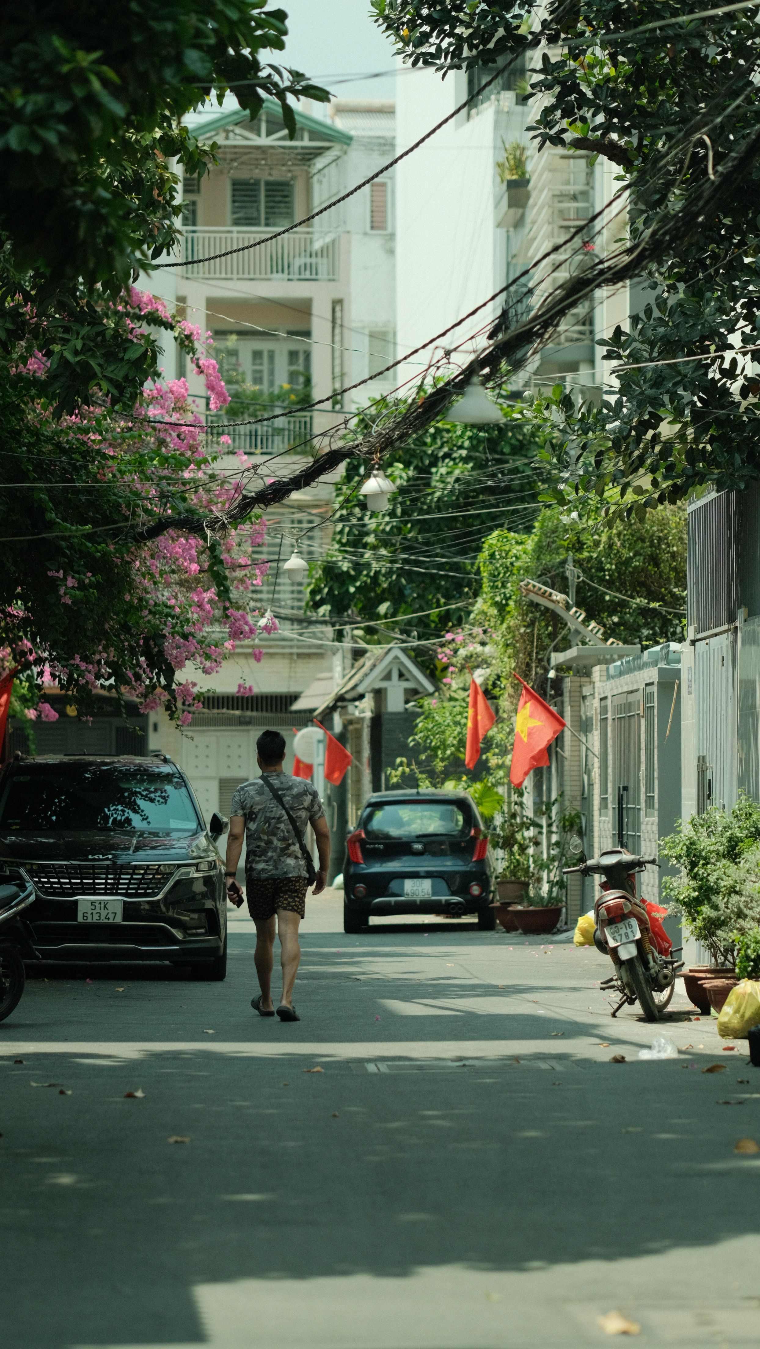 A peaceful Vietnamese street scene with national flags and blooming flowers, featuring a lone adult walking.