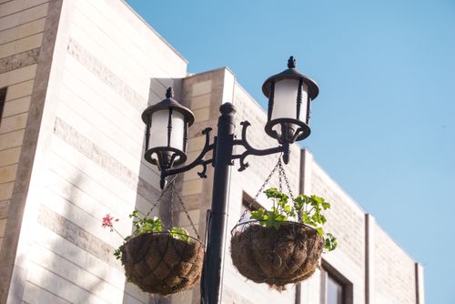 Free stock photo of blue sky, building, flowers Stock Photo