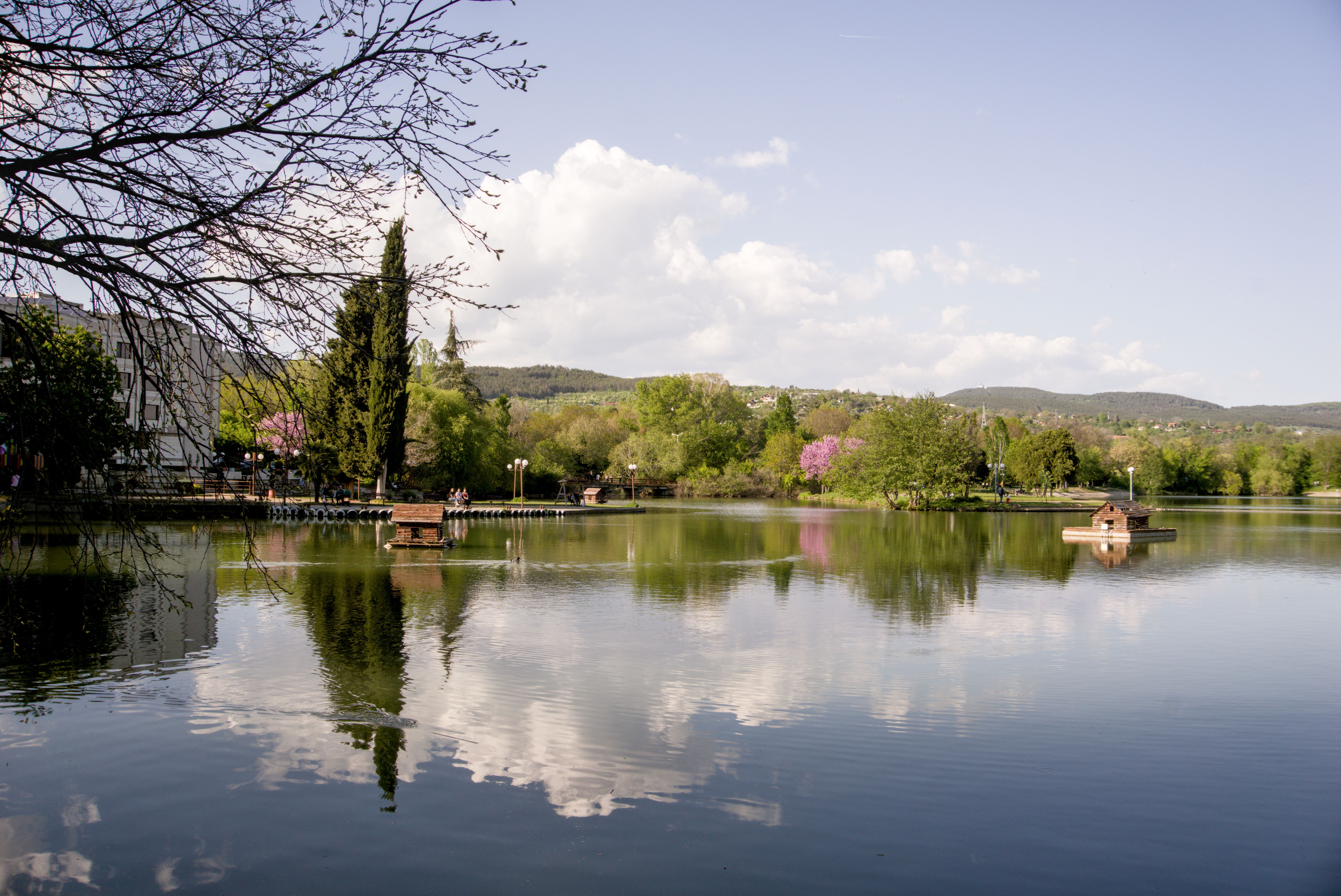 Serene lake surrounded by trees in Stara Zagora, Bulgaria, during springtime.