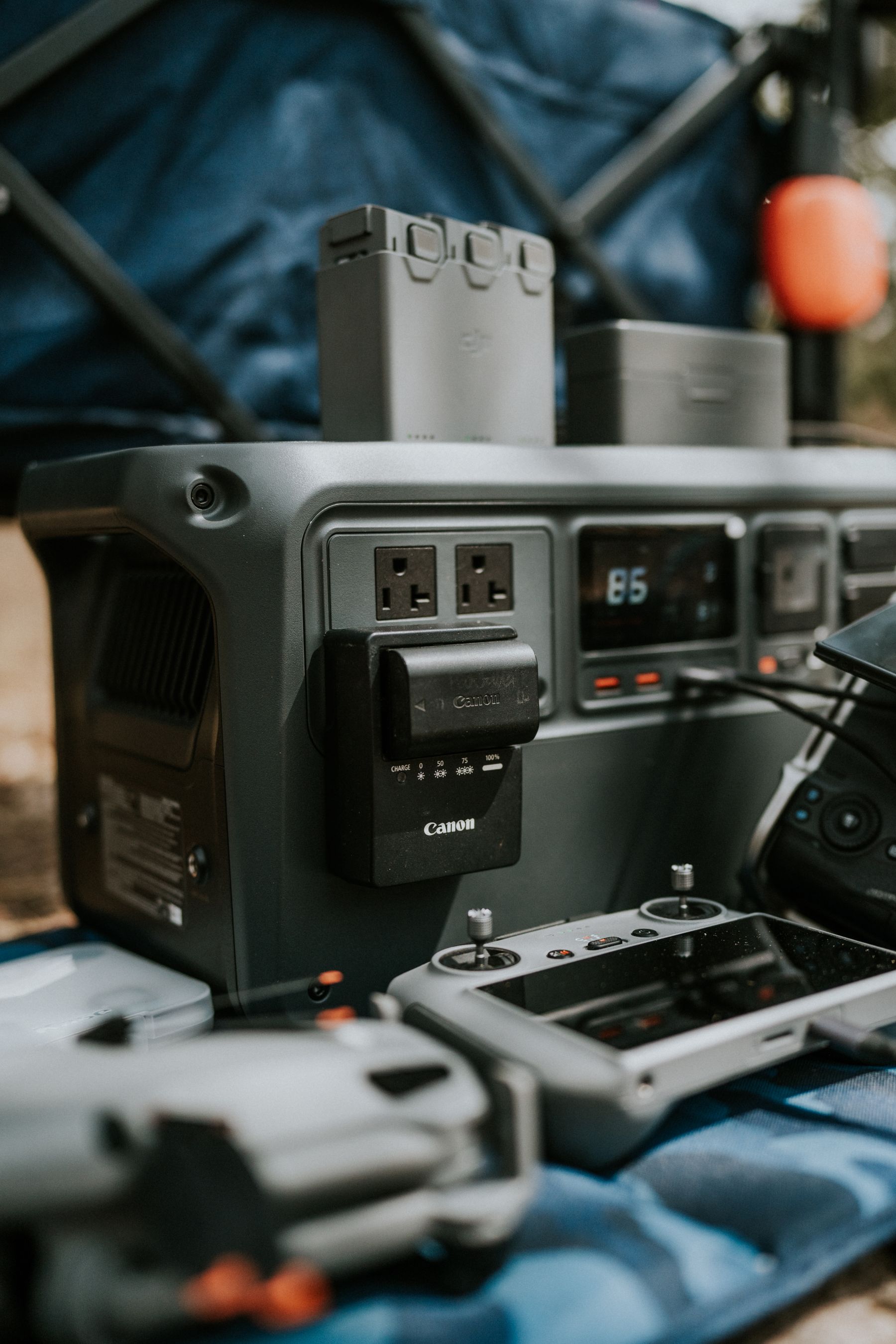 Portable power station with charging equipment prepared for outdoor use