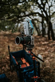 Camera equipment set up in a wooded area, perfect for outdoor photography.