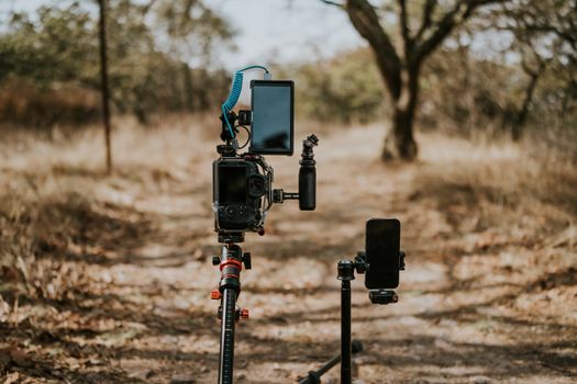 Professional camera setup on a tripod for outdoor photography in Guanajuato, Mexico.