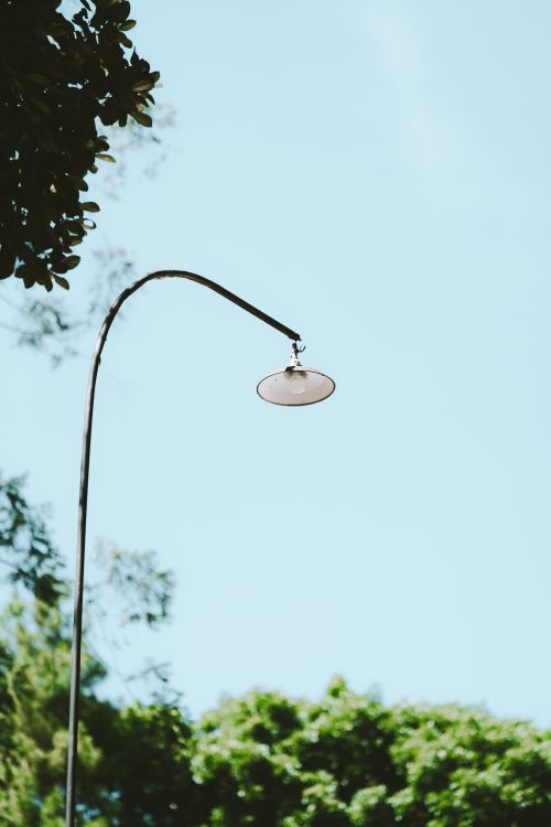 Free A modern street lamp stands tall against a crisp blue sky, framed by green tree foliage. Stock Photo