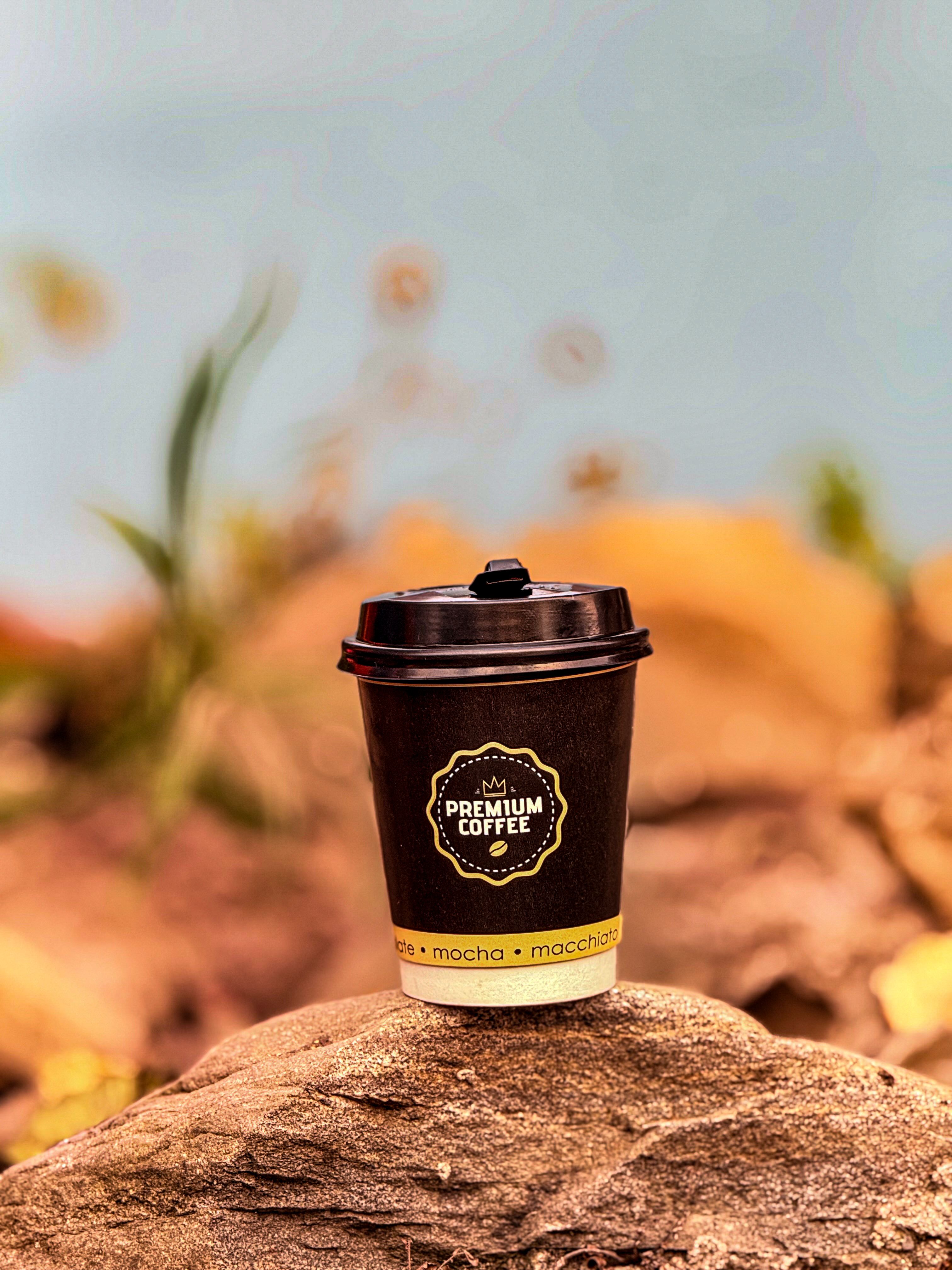 A warm coffee cup on a rock surrounded by autumn colors and blurred foliage.