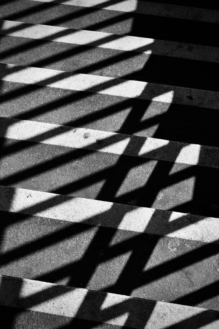 Hard shadows across a concrete stair, shot for the wayfinding programme &mdash; photo by Peter Dyllong on Pexels