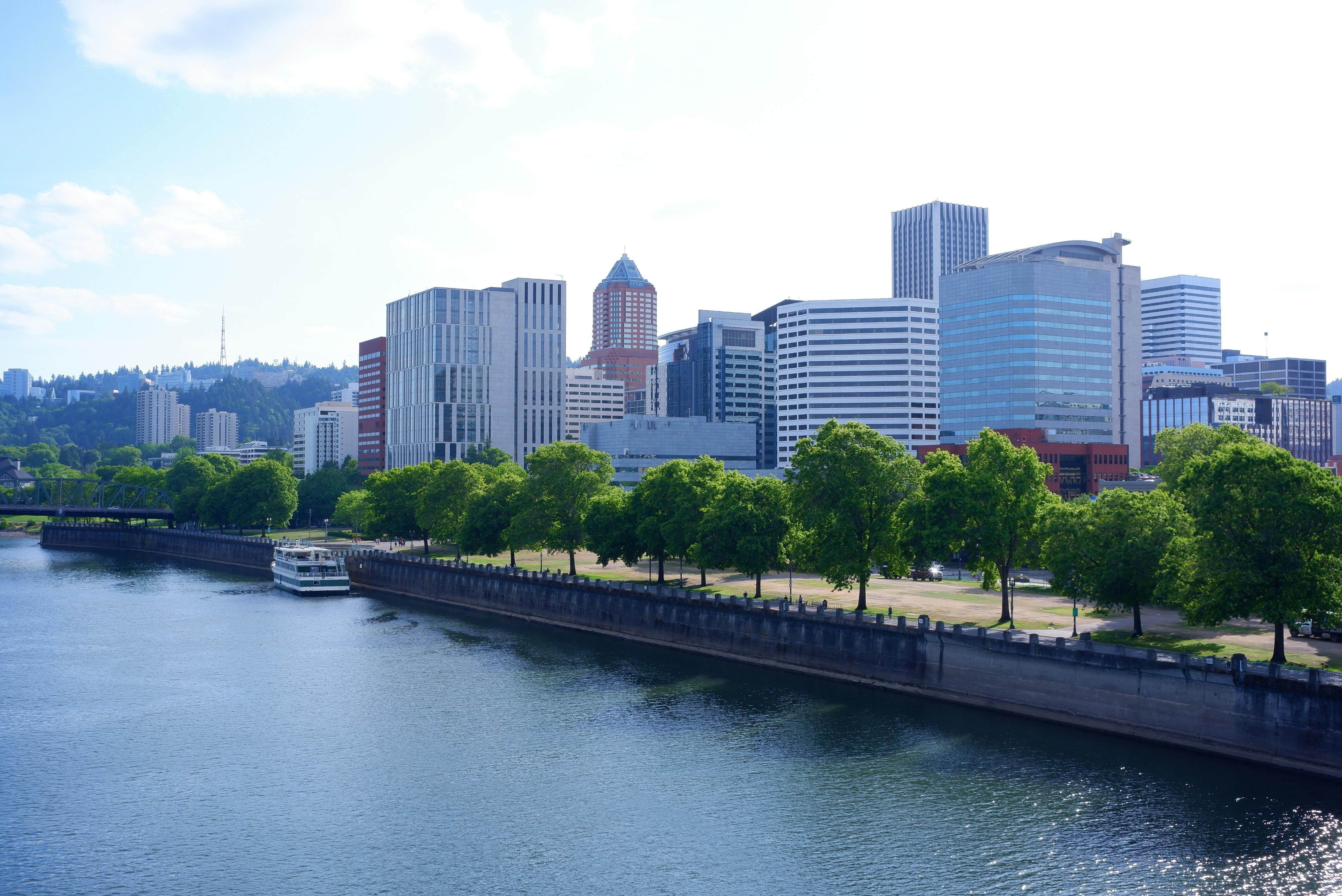 Scenic view of Portland's skyline and Willamette River lined with green trees during a sunny day.