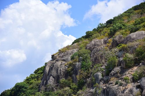 Free Beautiful rocky hillside landscape with lush greenery and bright sky perfect for nature themes. Stock Photo