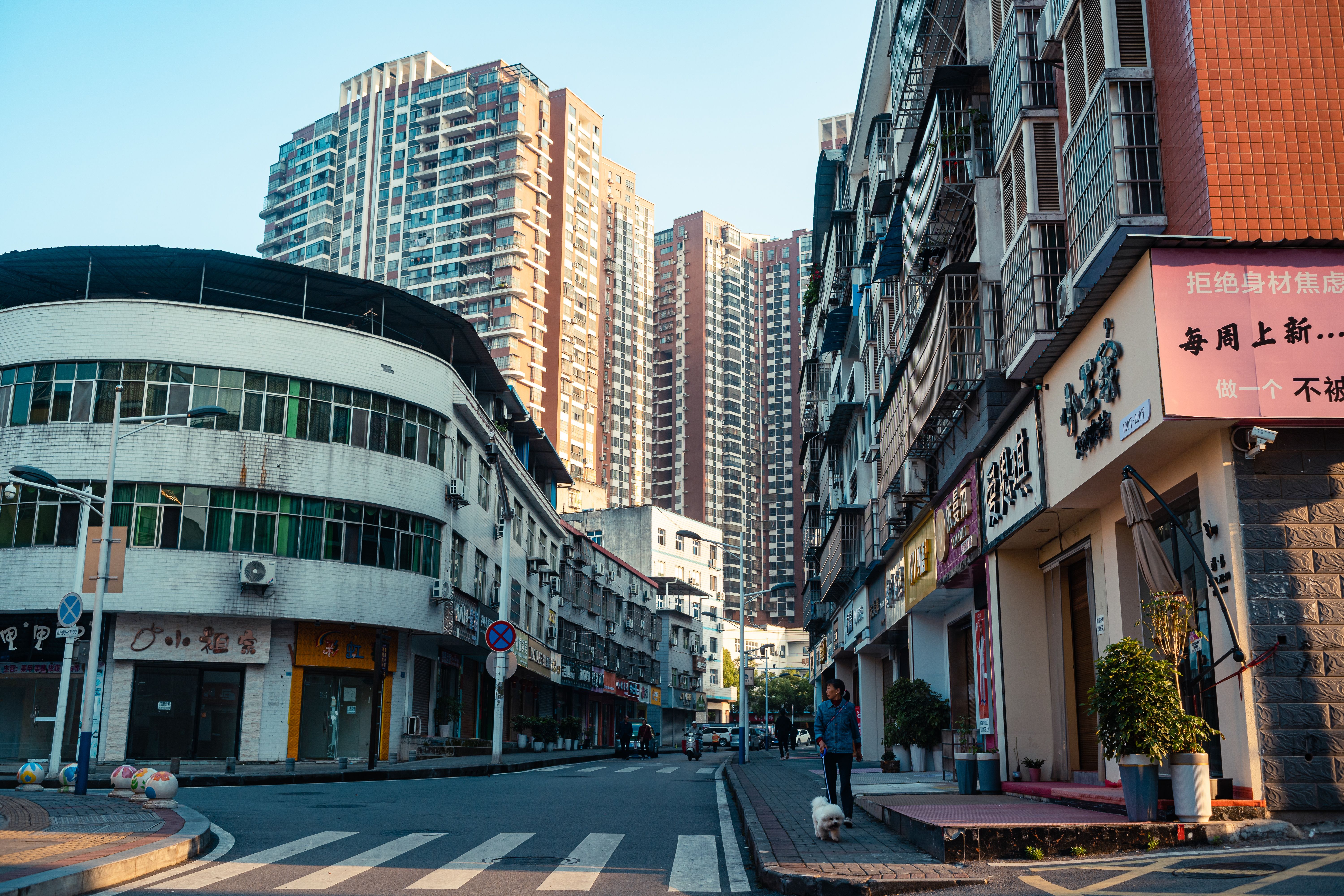 City scene capturing highrise buildings and a person walking a dog on a street.