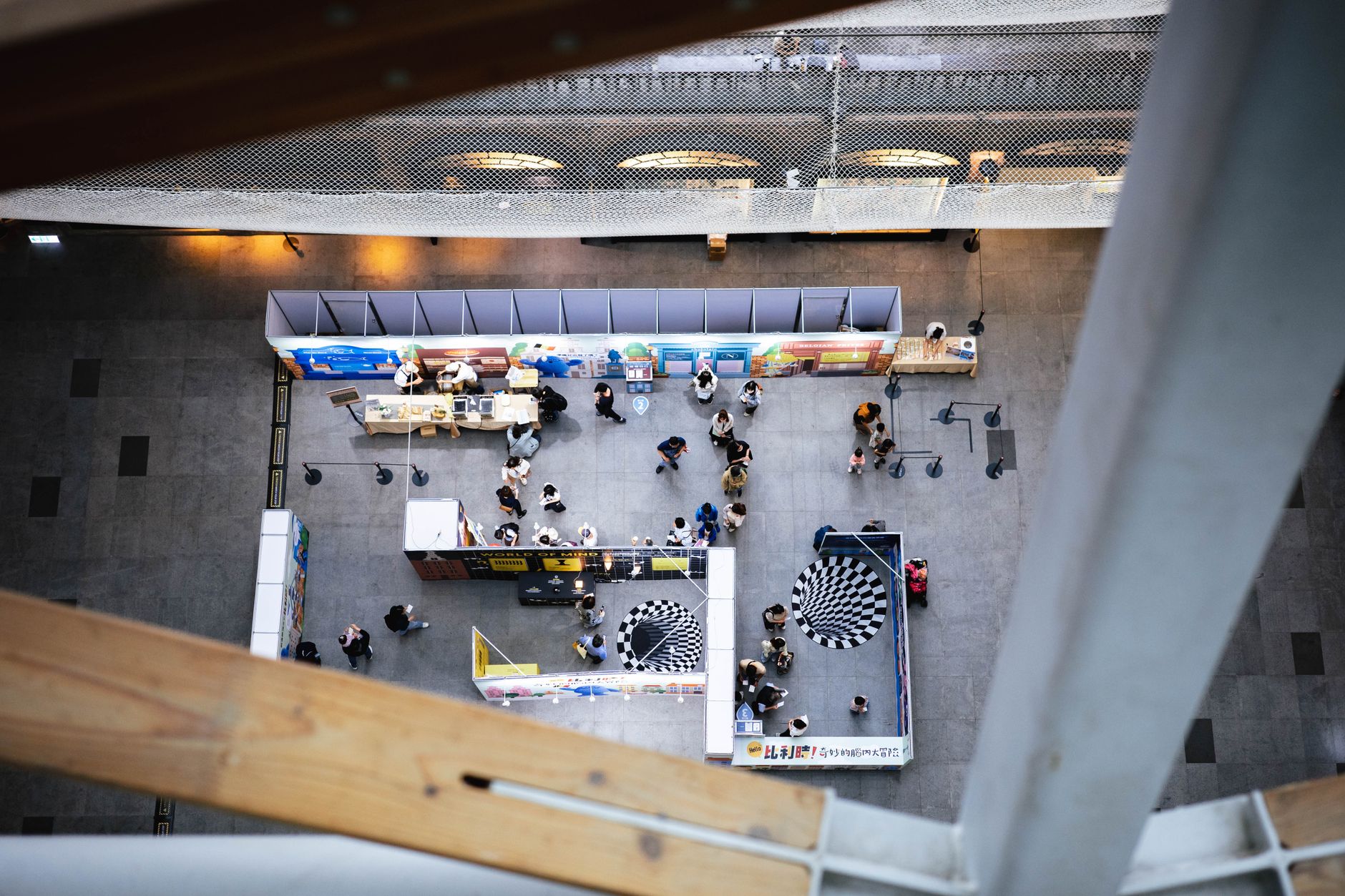 Top view of a bustling indoor exhibition space in Taipei, Taiwan.